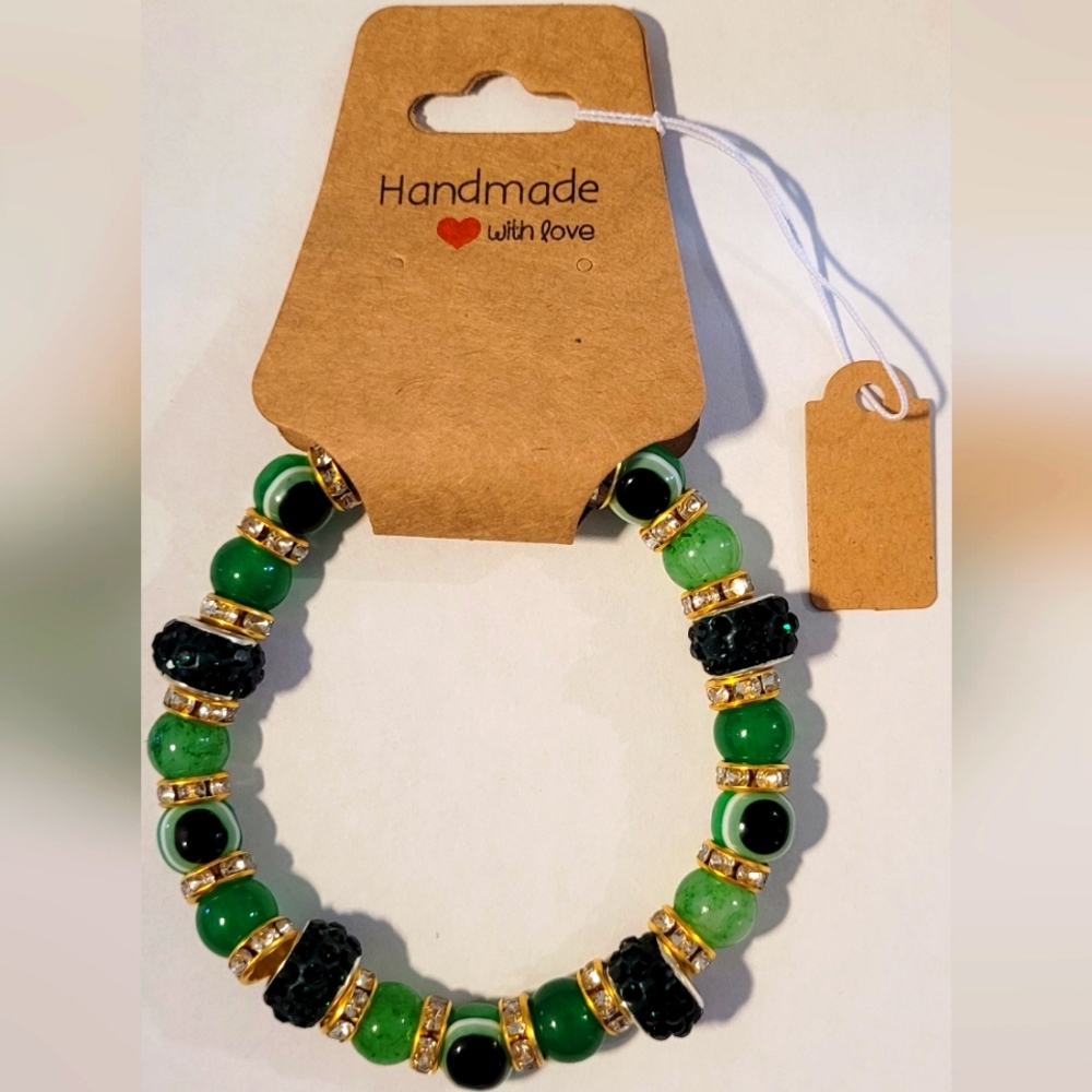 Green evil eye beaded protection Mal De Ojo luck stretch bracelet